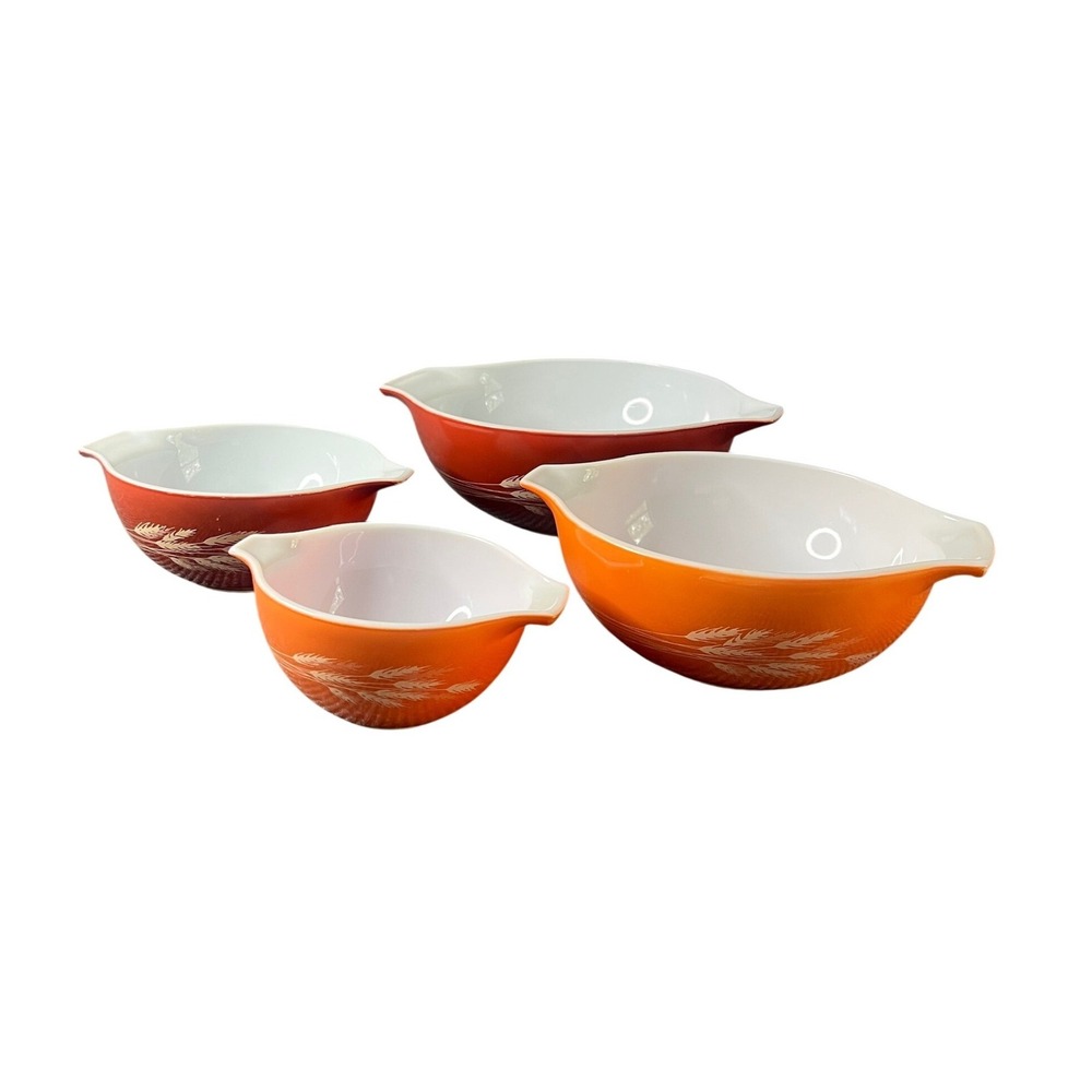 Vintage Pyrex Autumn Harvest Wheat Cinderella Mixing Bowl Set 441 442 443 444